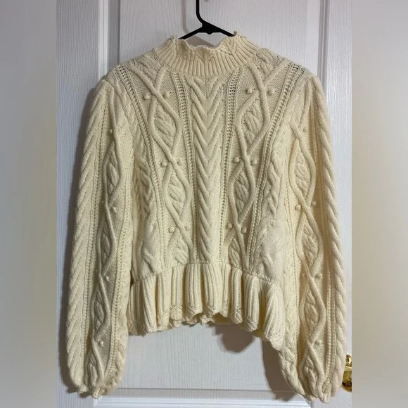 NWOT Zara Wool Blend Peplum Cable Knit Warm High Neck Cream Sweater Size Medium - Picture 4 of 13